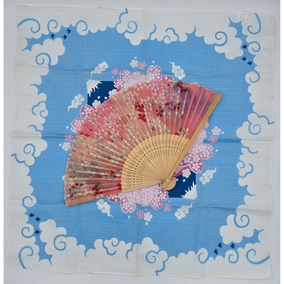VTG Cherry Blossom Pink & White Folding Fan +Japanese Mt. Fuji Matching Fabric - Picture 2 of 12
